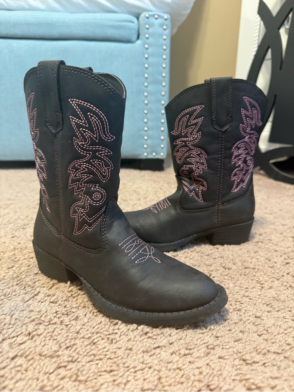Deer Stags Black Mid-Calf Western Boots with Pink Stitching